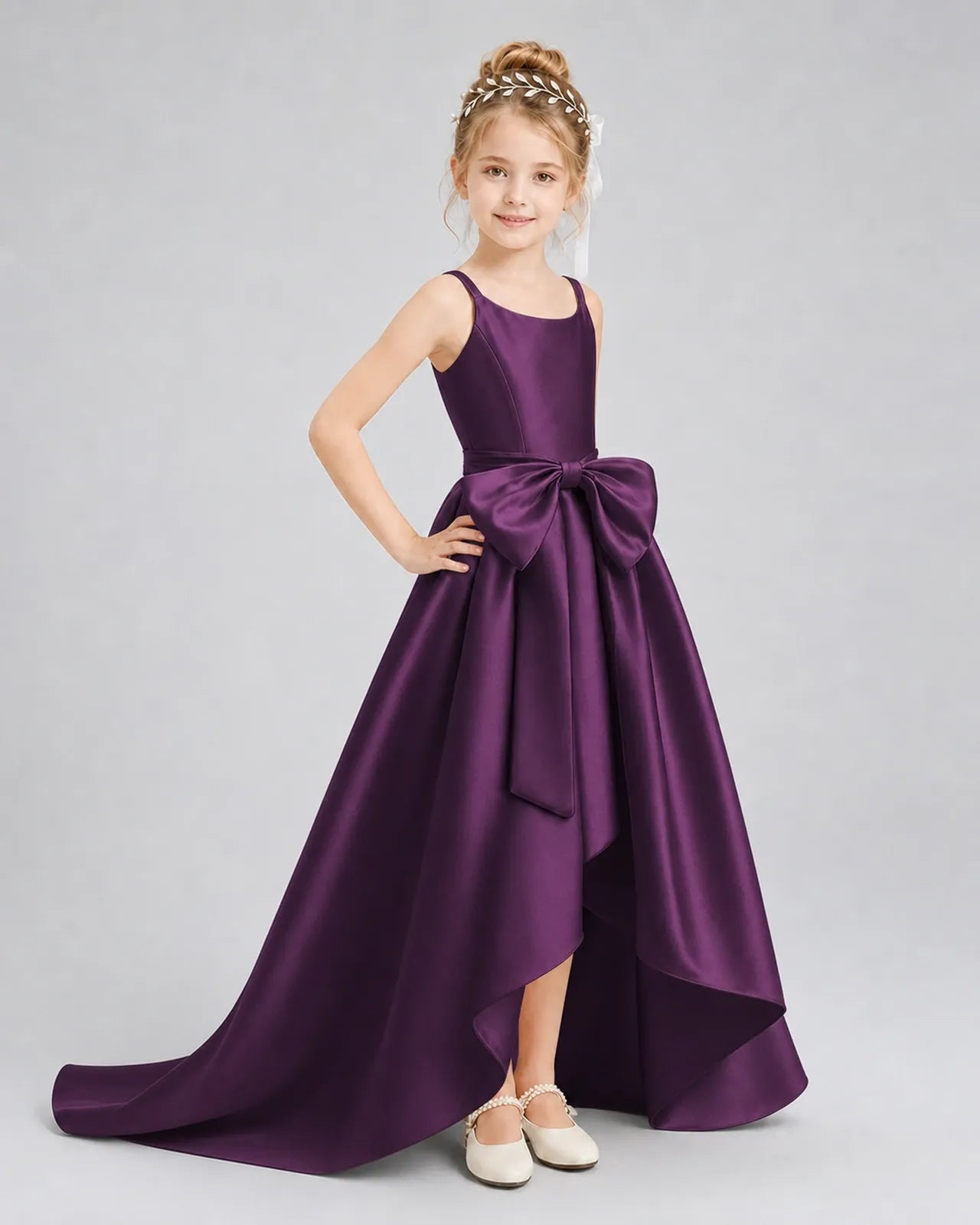 Grape Satin A-line Girls Formal Dress Front View