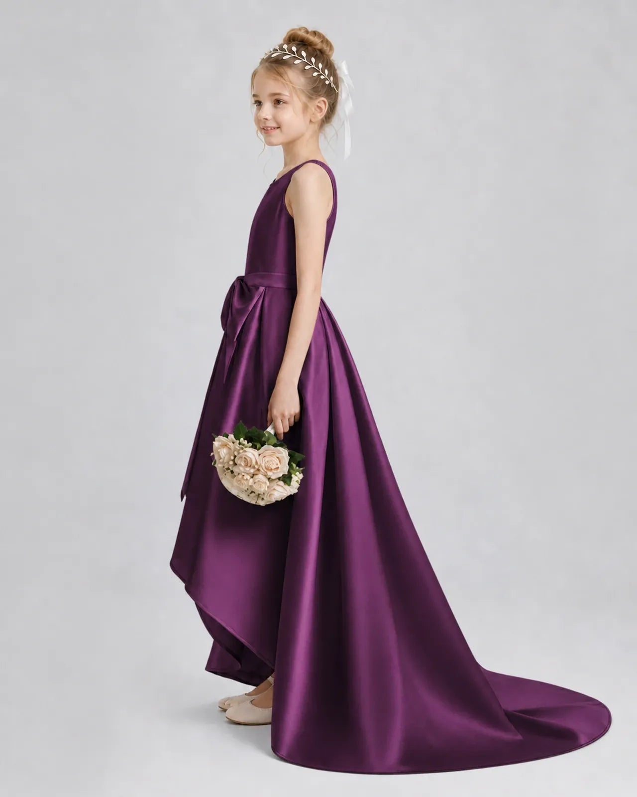 Grape Satin A-line Girls Formal Dress Side View