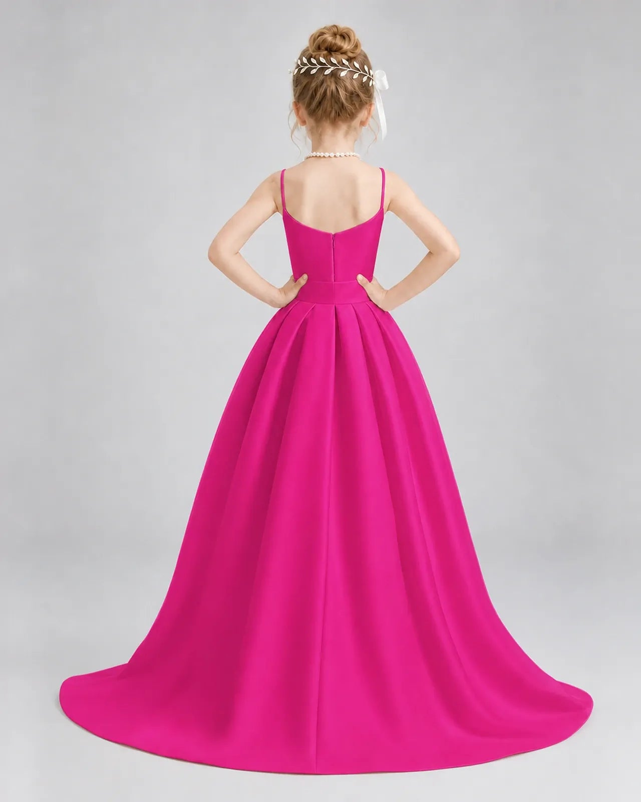 Hot Pink Satin A-line Girls Formal Dress Back View