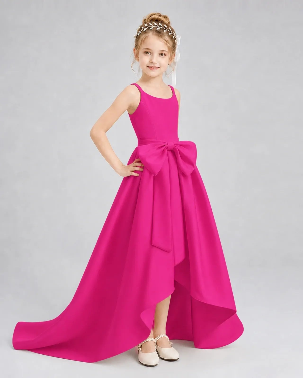 Hot Pink Satin A-line Girls Formal Dress Front View