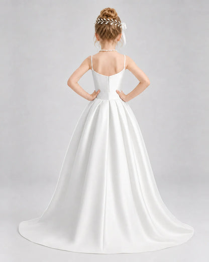 Ivory Satin A-line Girls Formal Dress Back View
