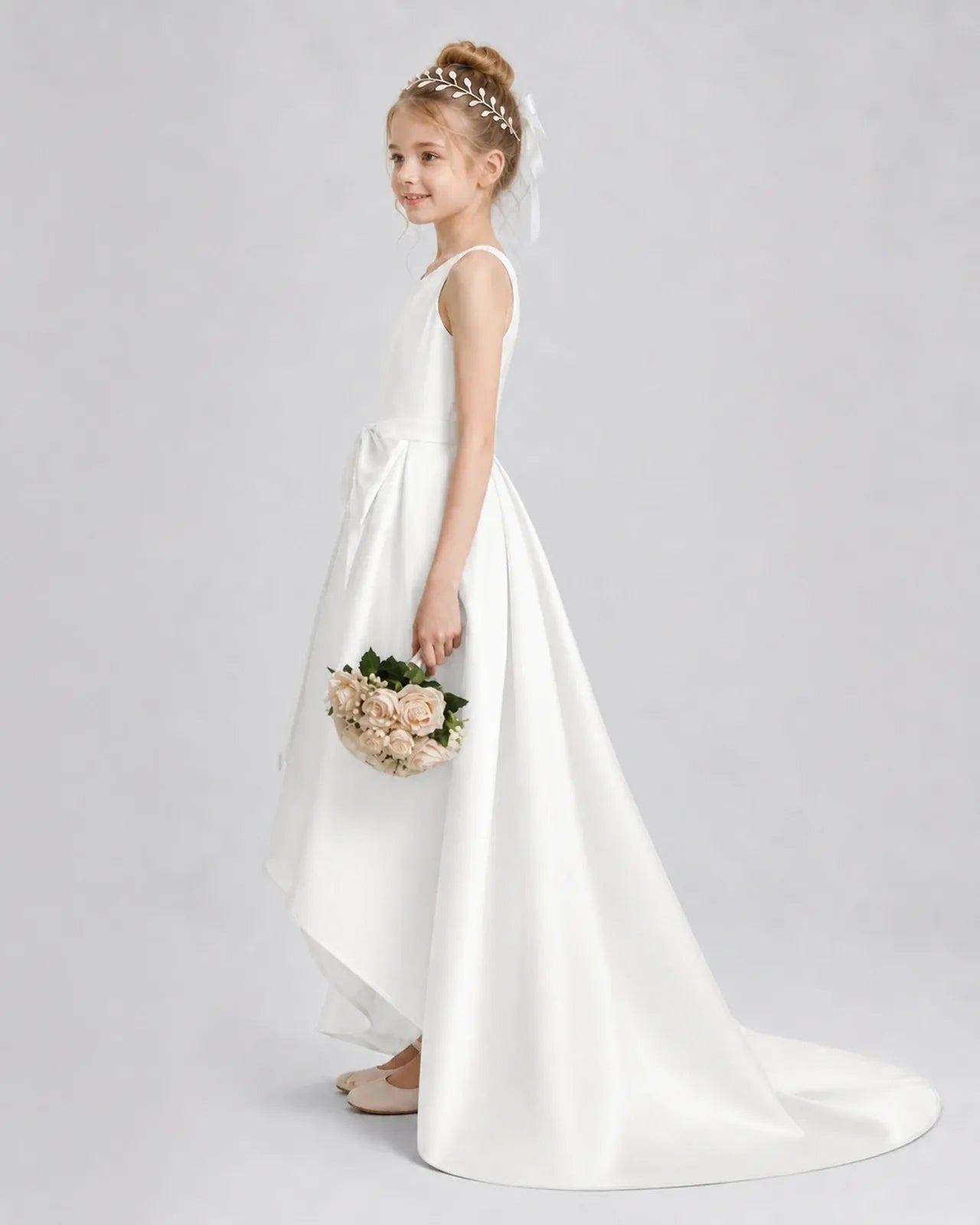 Ivory Satin A-line Girls Formal Dress Side View