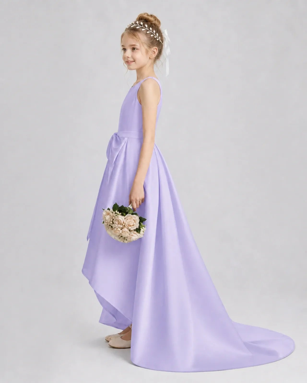 Lavender Satin A-line Girls Formal Dress Side View