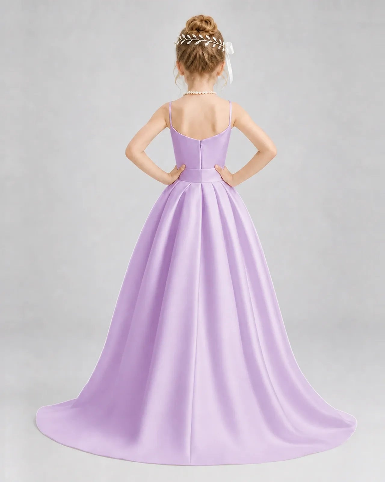 Lilac Satin A-line Girls Formal Dress Back View