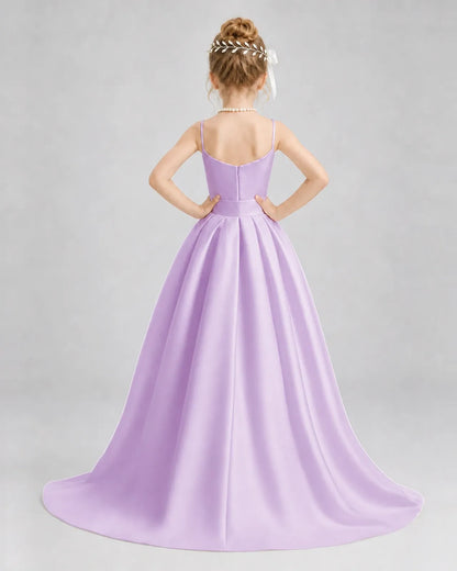 Lilac Satin A-line Girls Formal Dress Back View