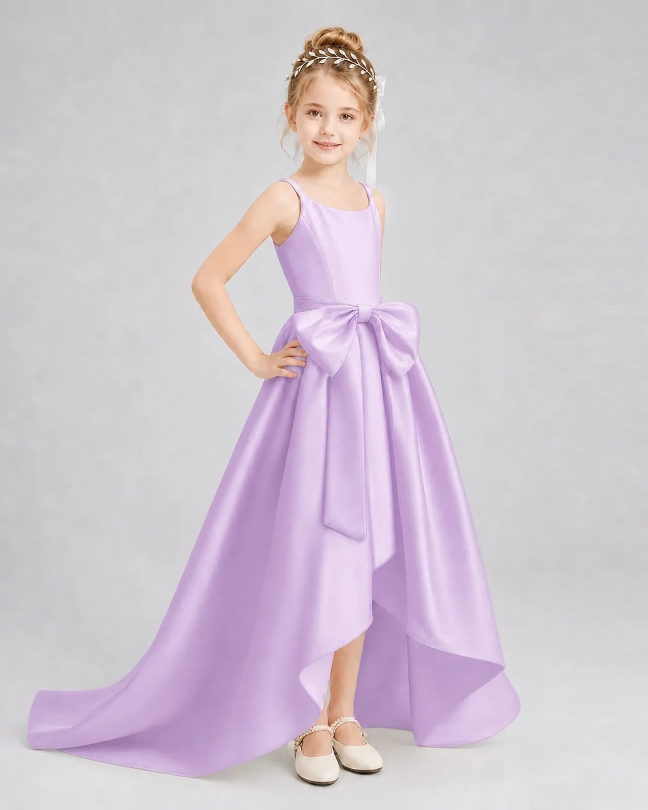 Lilac Satin A-line Girls Formal Dress Front View
