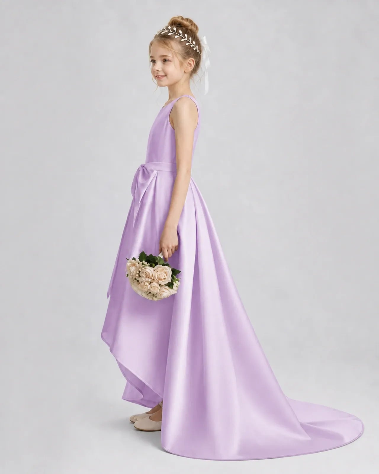 Lilac Satin A-line Girls Formal Dress Side View
