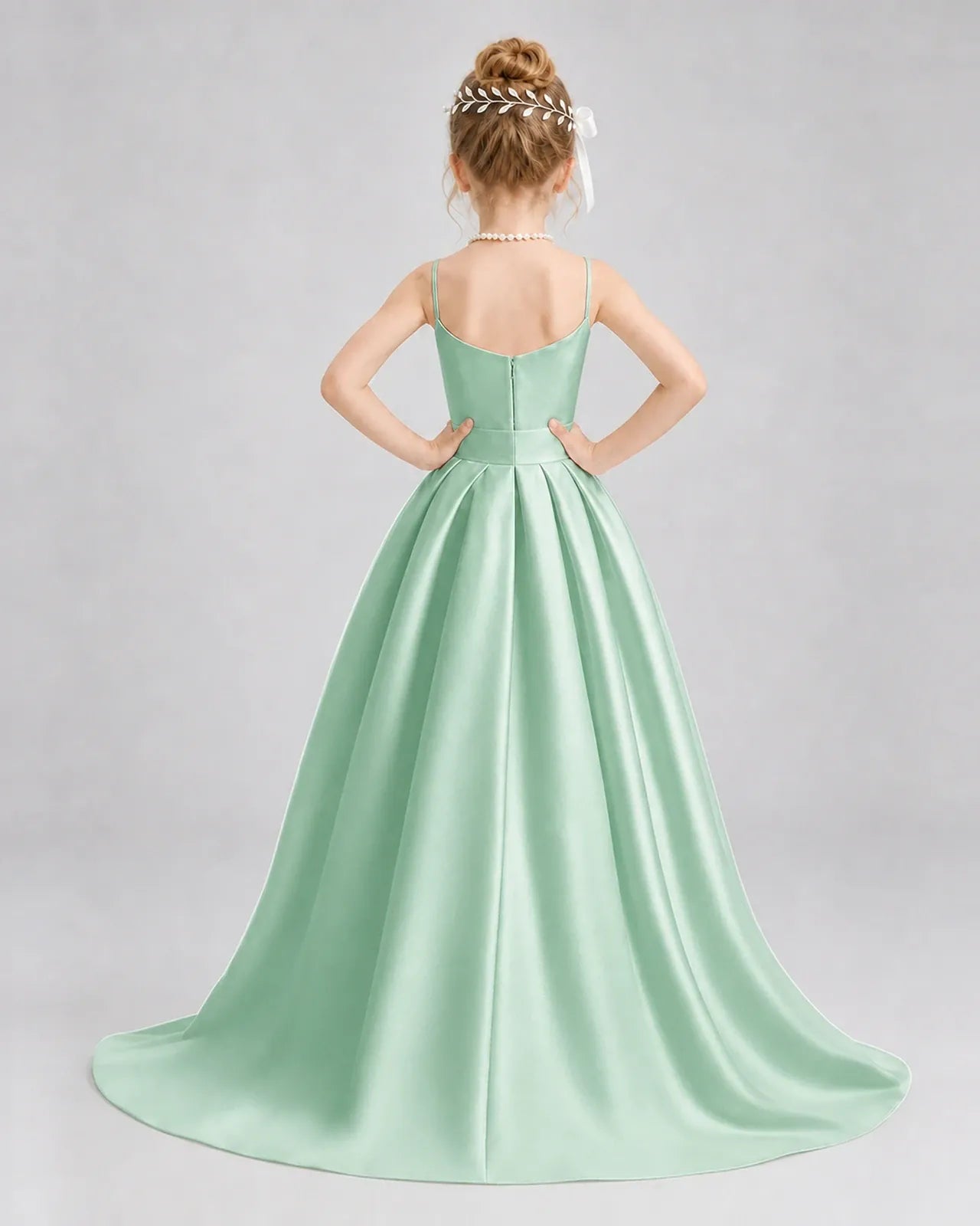Mint Green Satin A-line Girls Formal Dress Back View