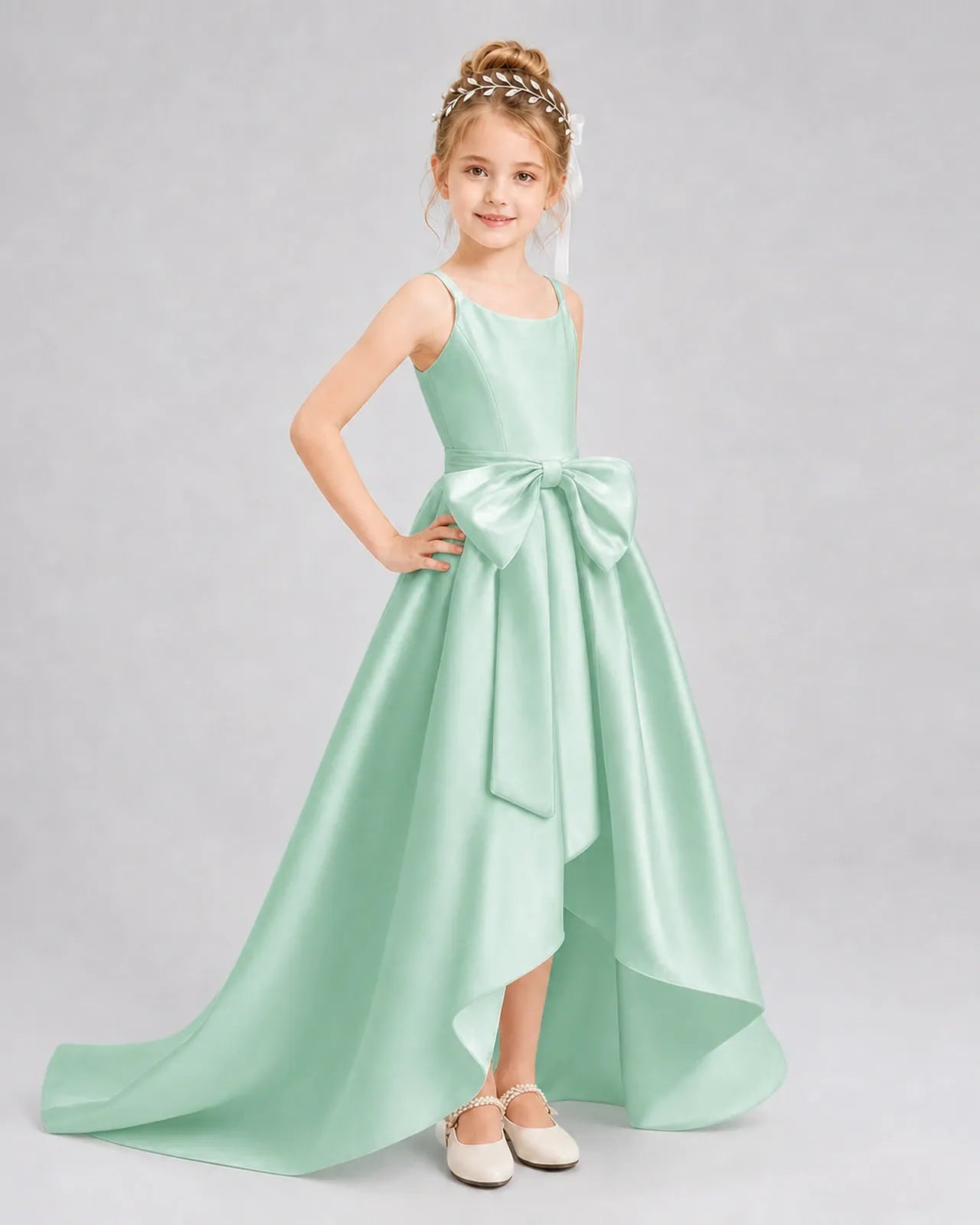 Mint Green Satin A-line Girls Formal Dress Front View