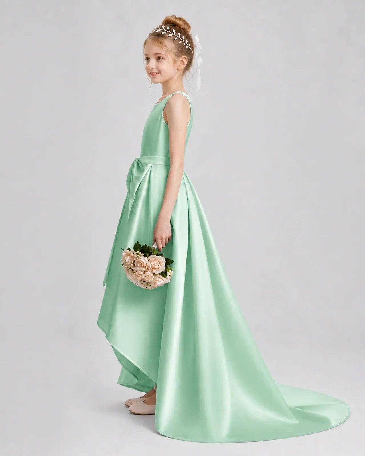 Mint Green Satin A-line Girls Formal Dress Side View