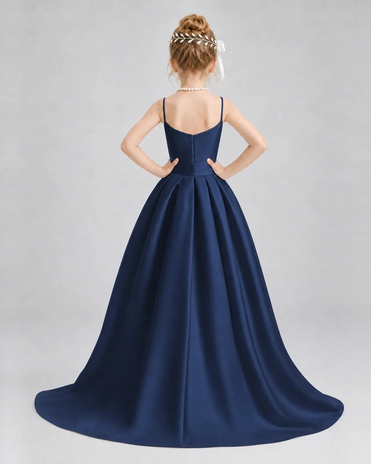 Navy Blue Satin A-line Girls Formal Dress Back View