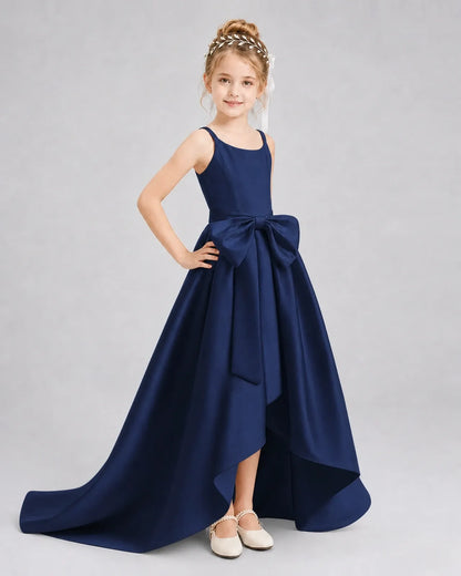 Navy Blue Satin A-line Girls Formal Dress Front View