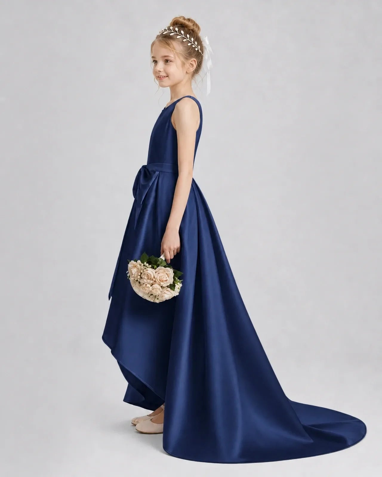 Navy Blue Satin A-line Girls Formal Dress Side View