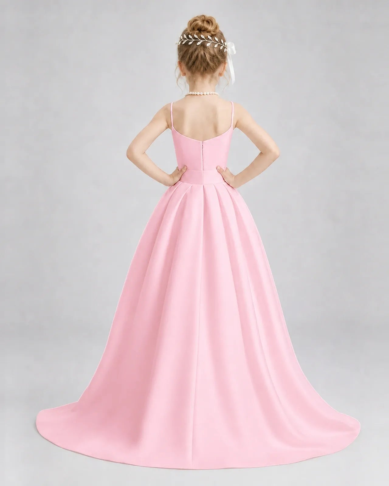 Pink Satin A-line Girls Formal Dress Back View
