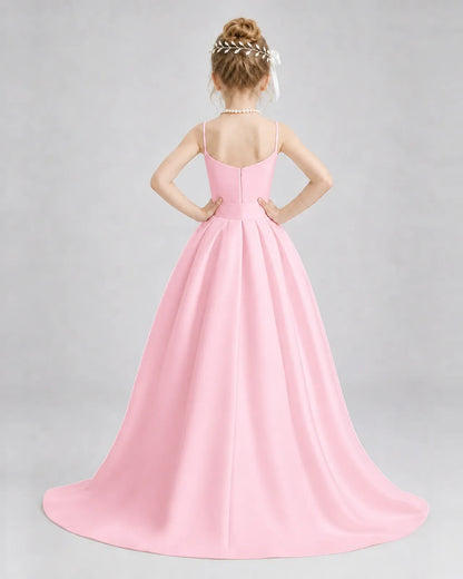 Pink Satin A-line Girls Formal Dress Back View