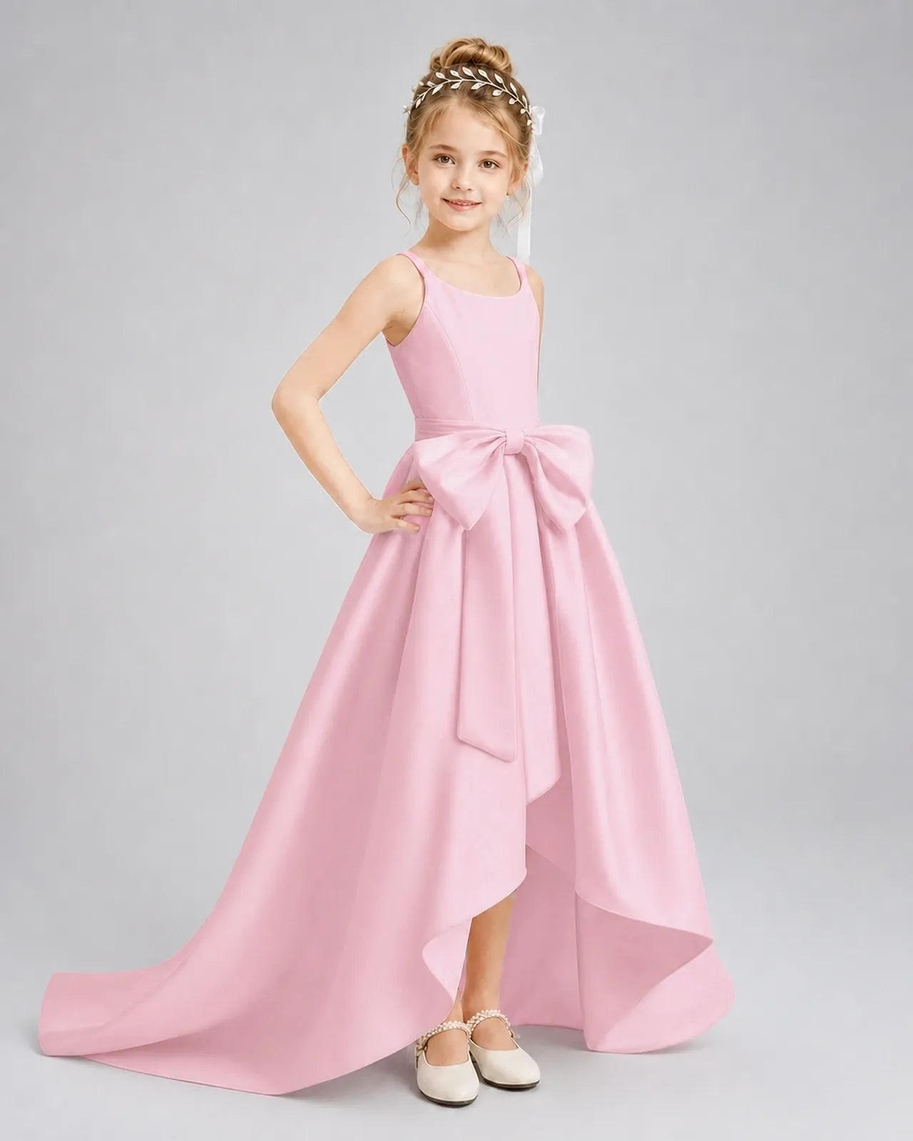 Pink Satin A-line Girls Formal Dress Front View
