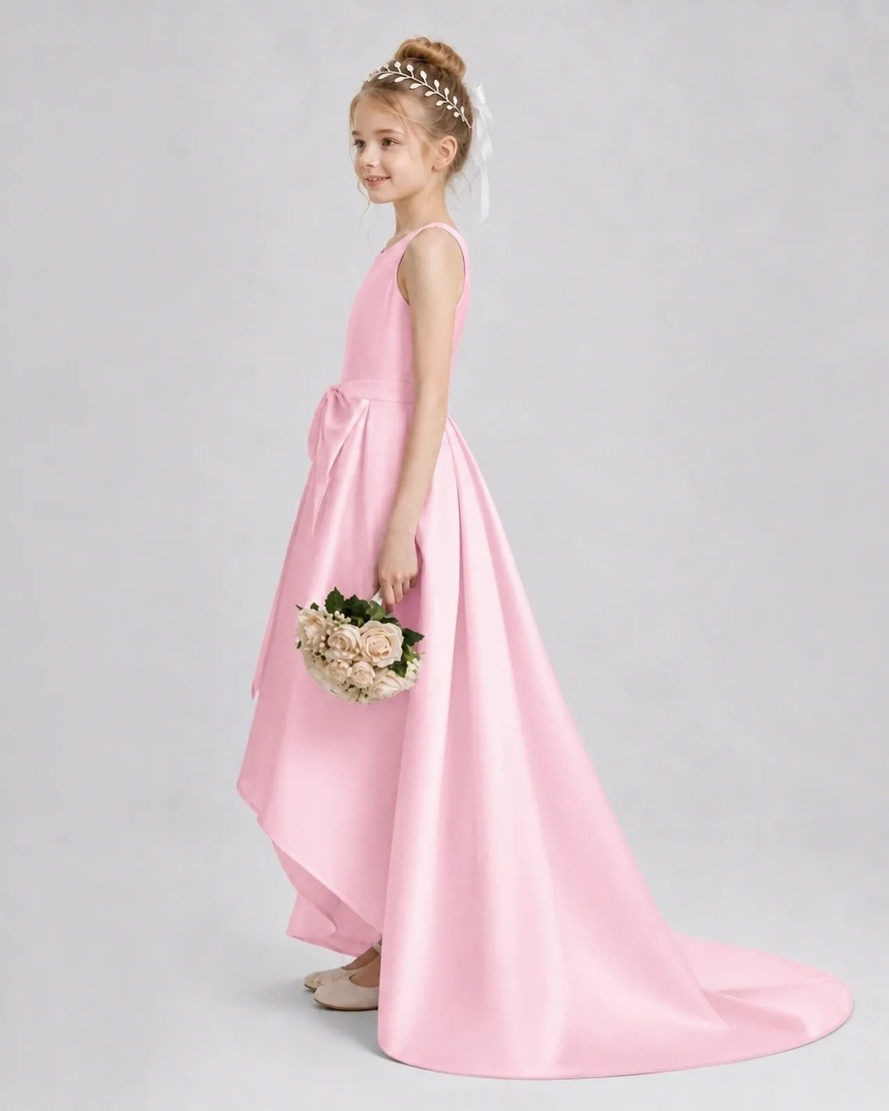 Pink Satin A-line Girls Formal Dress Side View