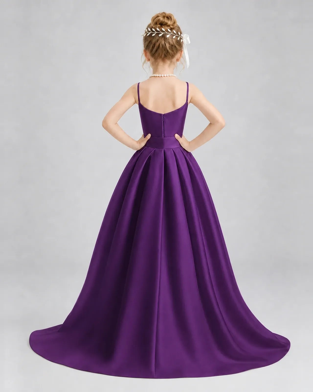 Purple Satin A-line Girls Formal Dress Back View