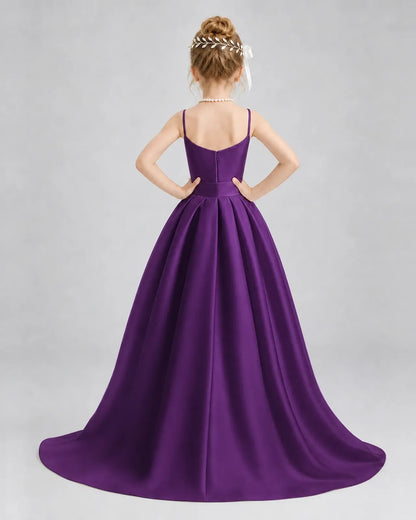 Purple Satin A-line Girls Formal Dress Back View