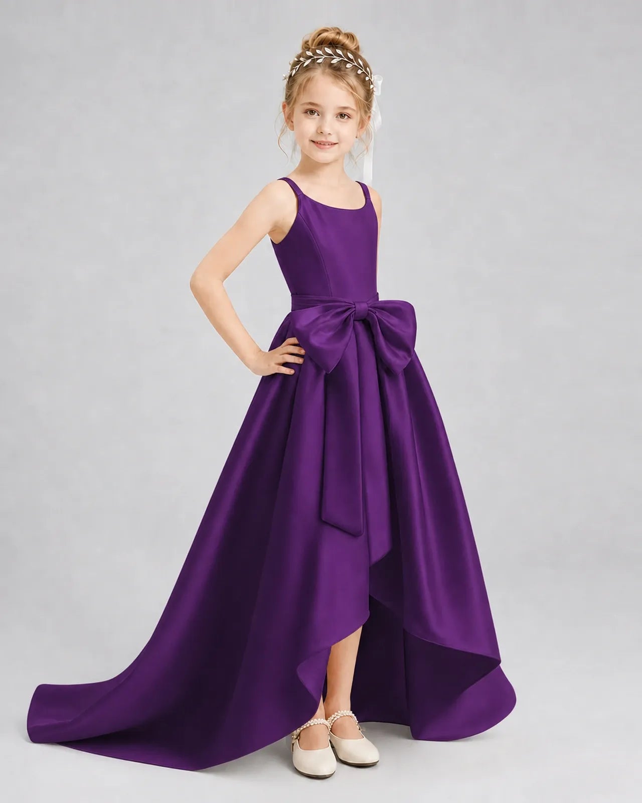 Purple Satin A-line Girls Formal Dress Front View