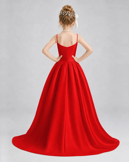 Red Satin A-line Girls Formal Dress Back View