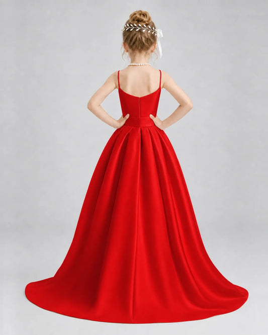 Red Satin A-line Girls Formal Dress Back View