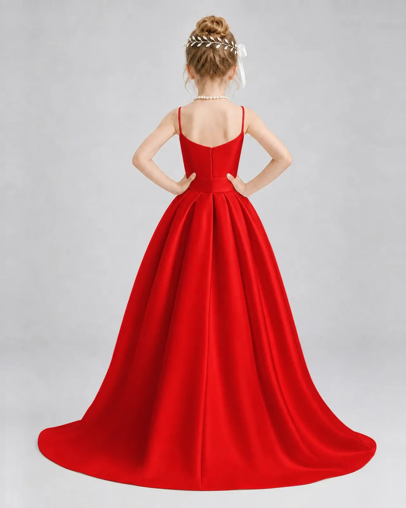 Red Satin A-line Girls Formal Dress Back View