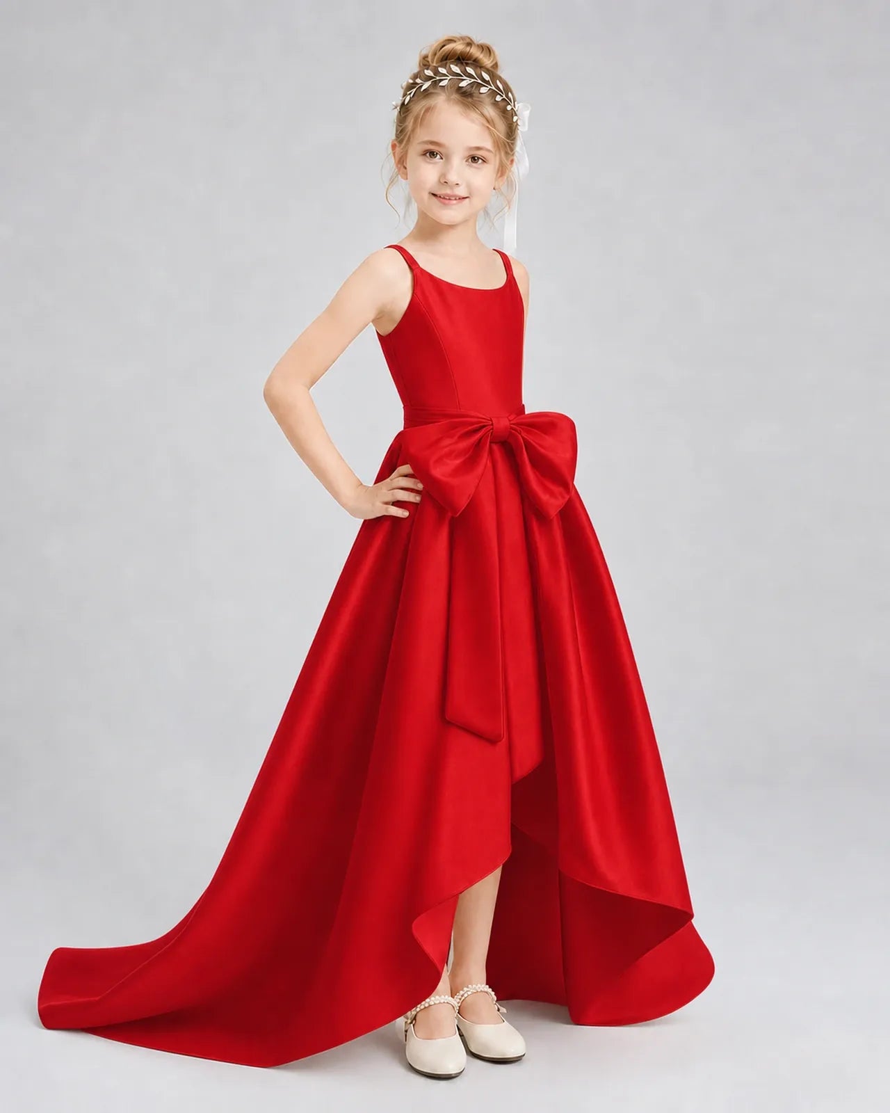 Red Satin A-line Girls Formal Dress Front View
