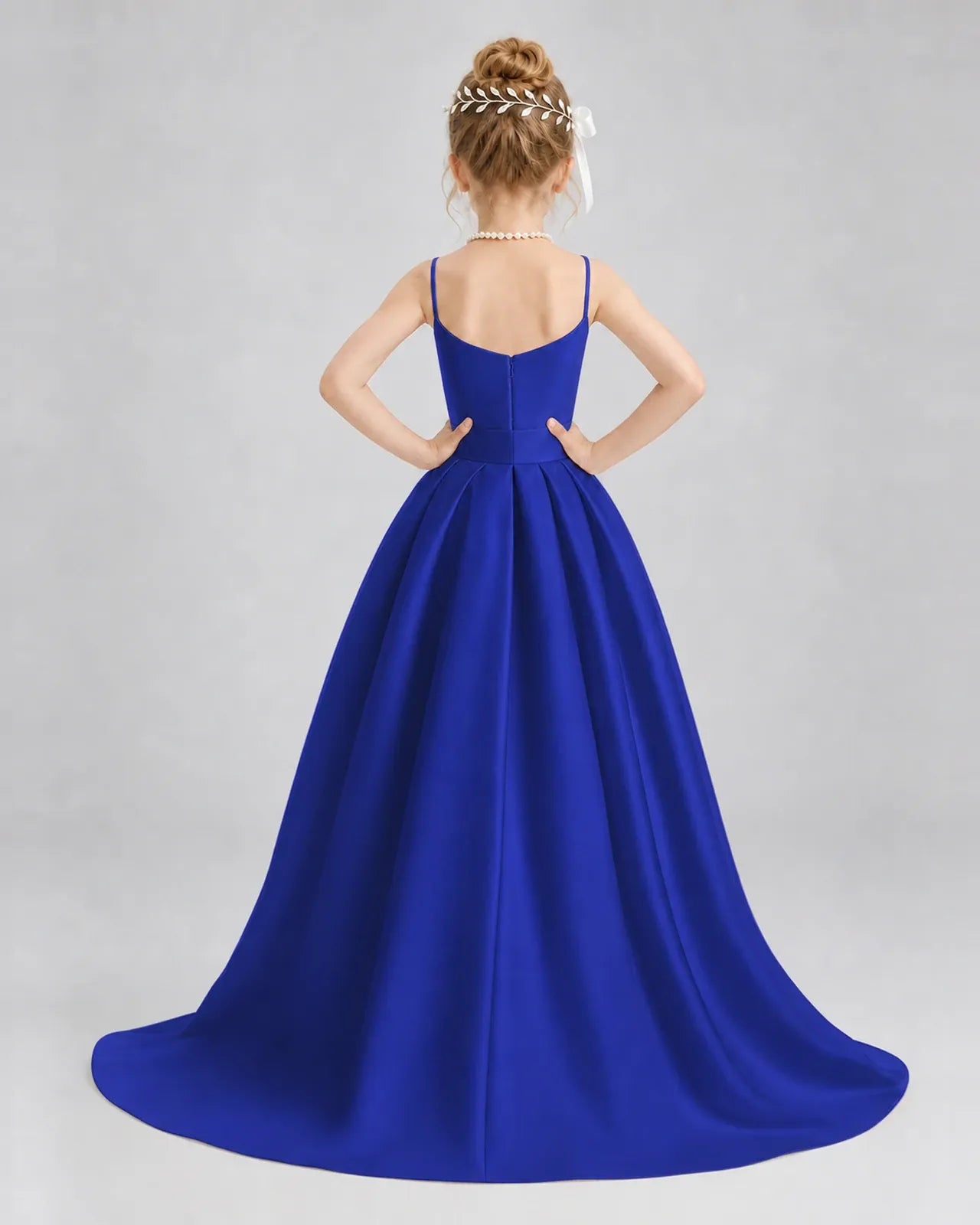 Royal Blue Satin A-line Girls Formal Dress Back View