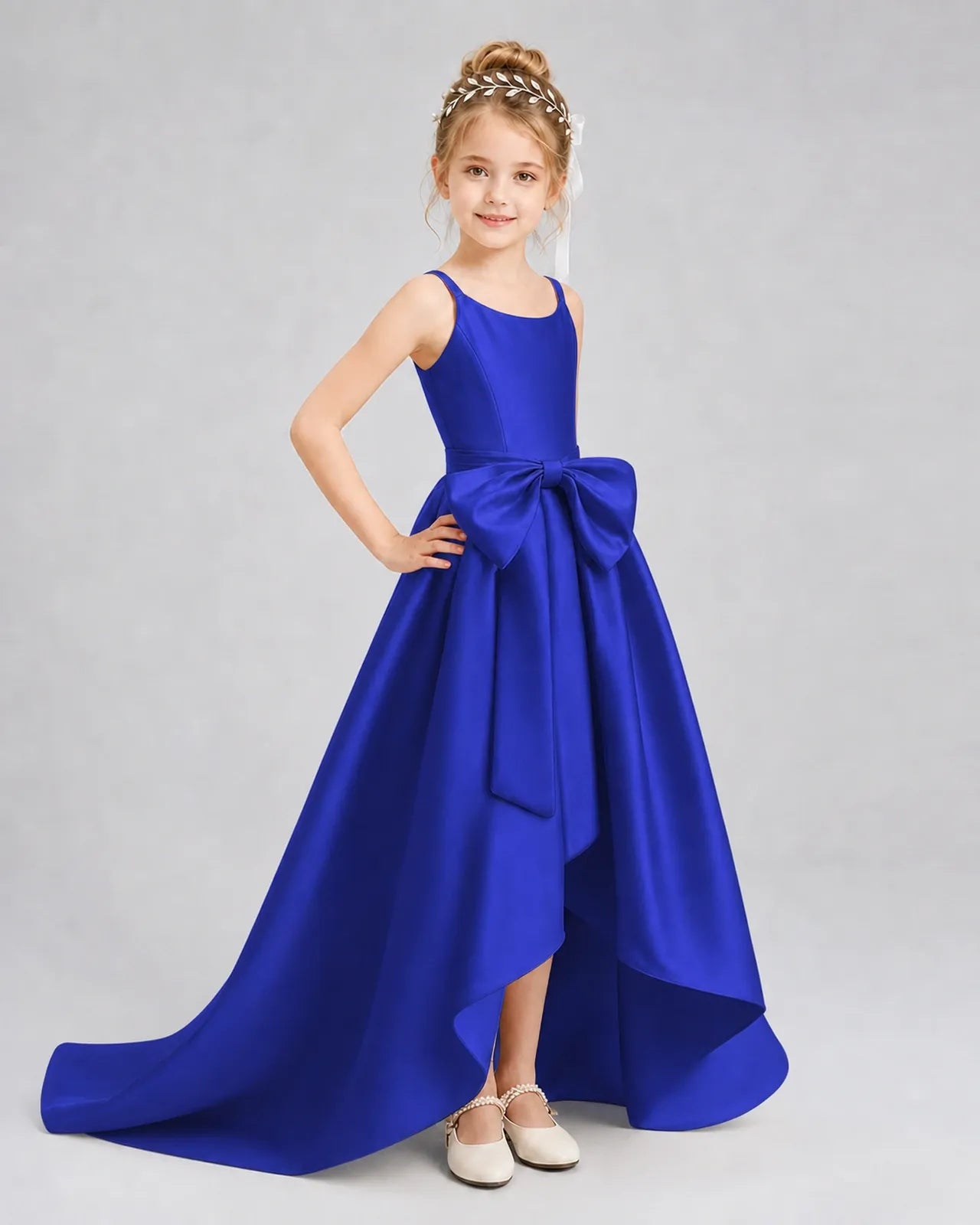 Royal Blue Satin A-line Girls Formal Dress Front View