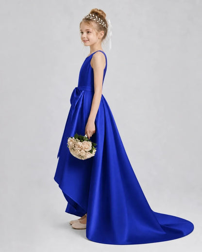 Royal Blue Satin A-line Girls Formal Dress Side View