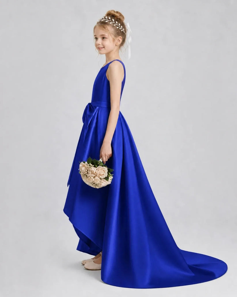Royal Blue Satin A-line Girls Formal Dress Side View