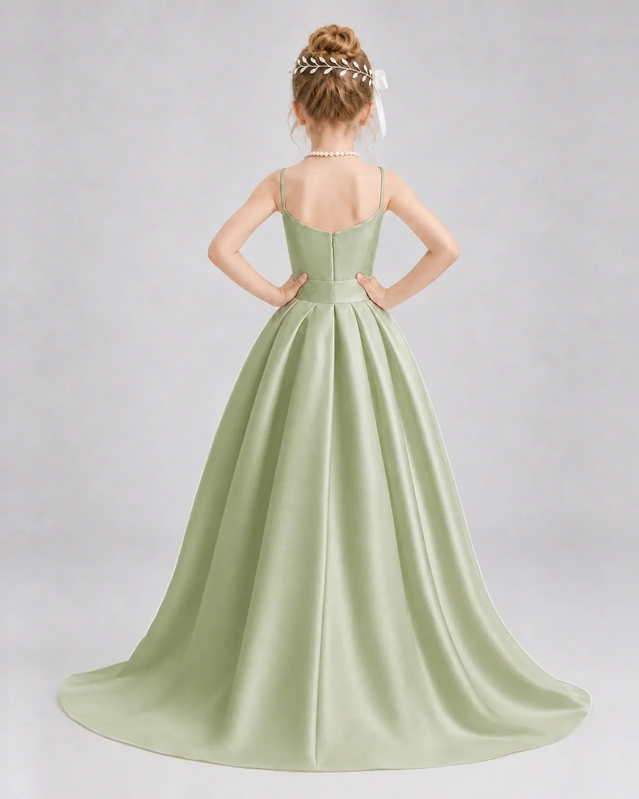 Sage Green Satin A-line Girls Formal Dress Back View