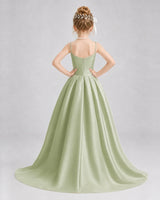 Sage Green Satin A-line Girls Formal Dress Back View