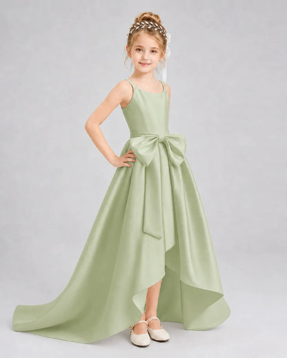 Sage Green Satin A-line Girls Formal Dress Front View