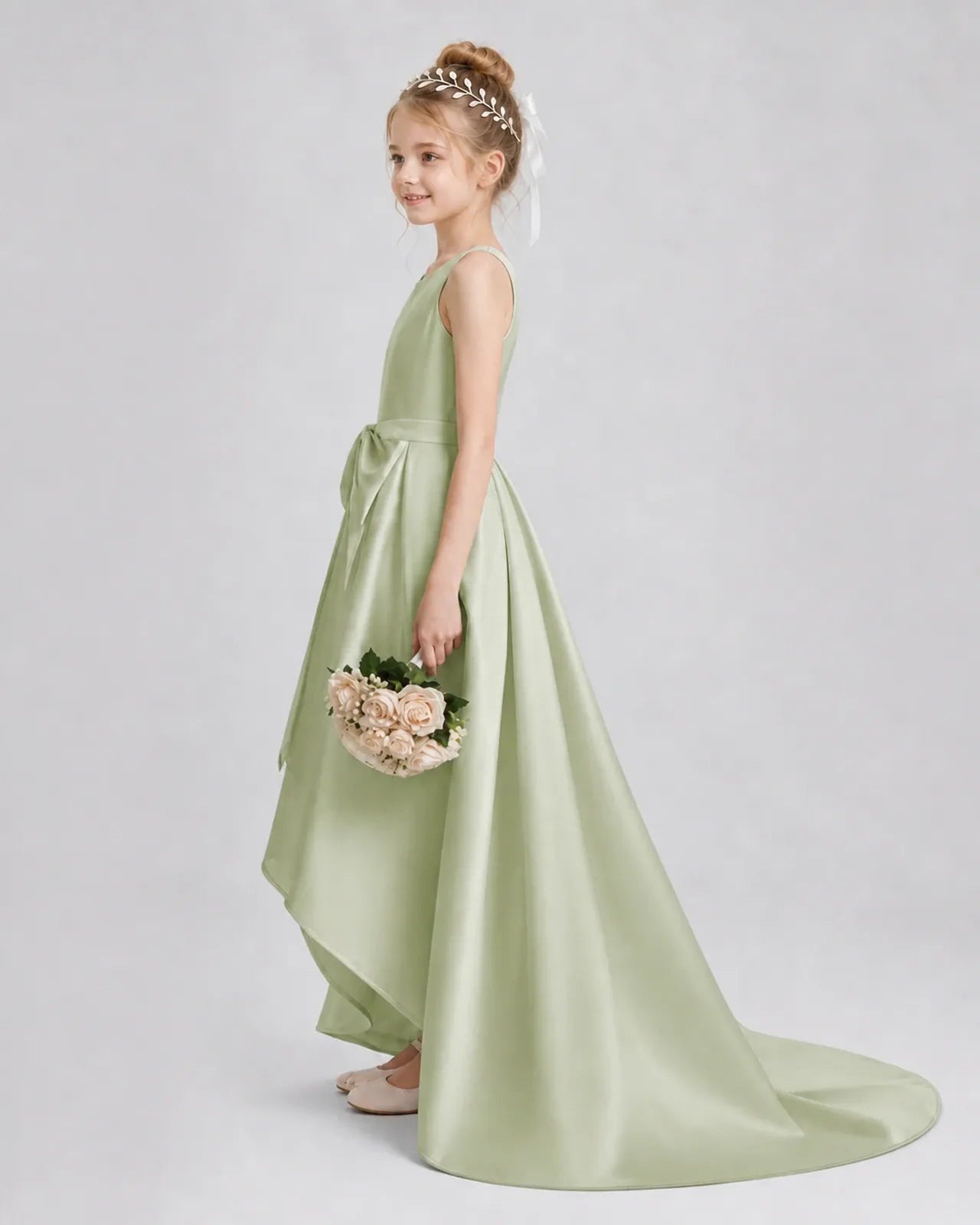 Sage Green Satin A-line Girls Formal Dress Side View