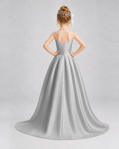 Silver Satin A-line Girls Formal Dress Back View