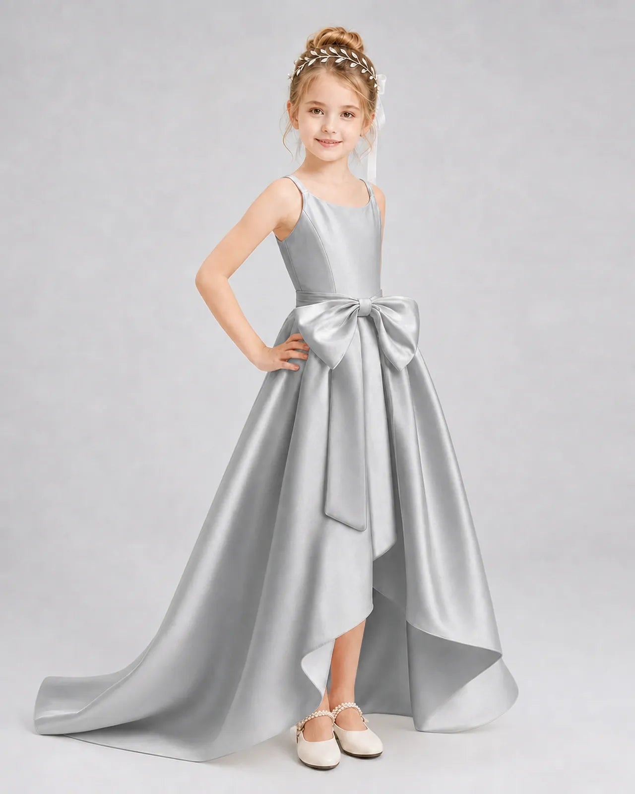 Silver Satin A-line Girls Formal Dress Front View