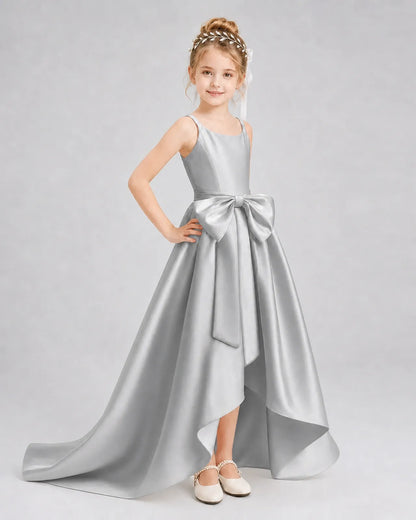 Silver Satin A-line Girls Formal Dress Front View
