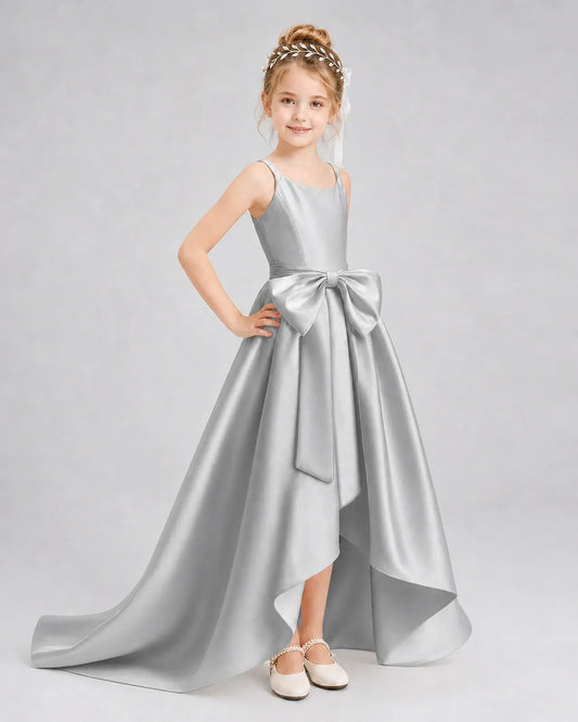 Silver Satin A-line Girls Formal Dress Front View