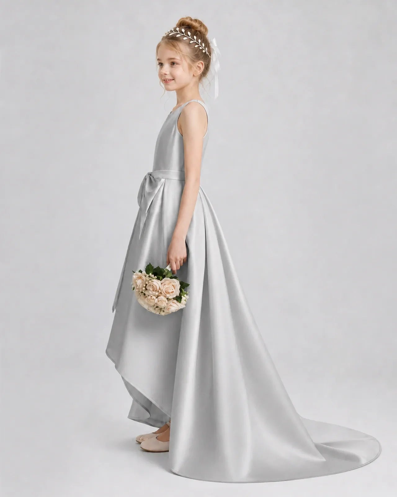 Silver Satin A-line Girls Formal Dress Side View