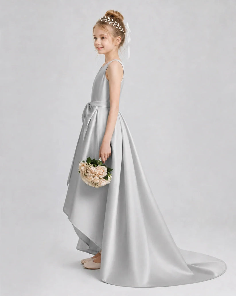 Silver Satin A-line Girls Formal Dress Side View