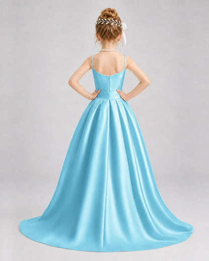 Sky Blue Satin A-line Girls Formal Dress Back View
