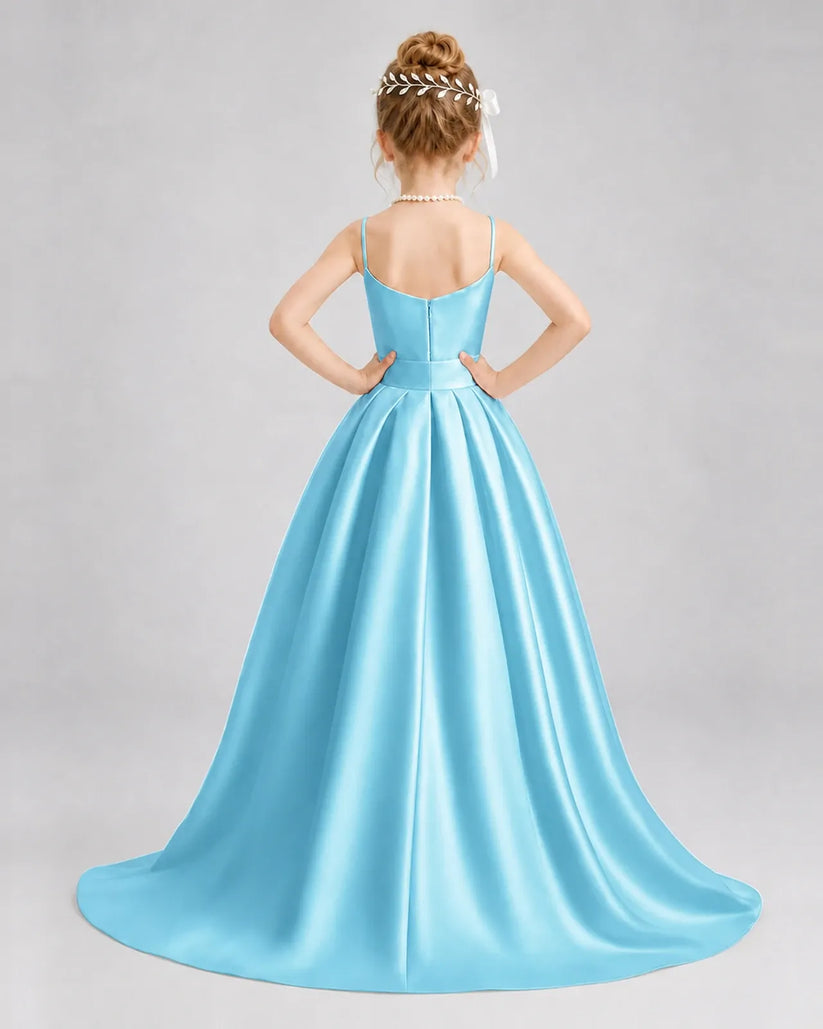 Sky Blue Satin A-line Girls Formal Dress Back View