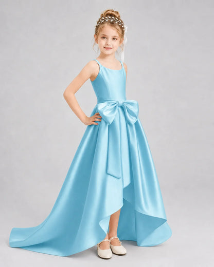Sky Blue Satin A-line Girls Formal Dress Front View