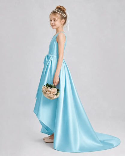 Sky Blue Satin A-line Girls Formal Dress Side View