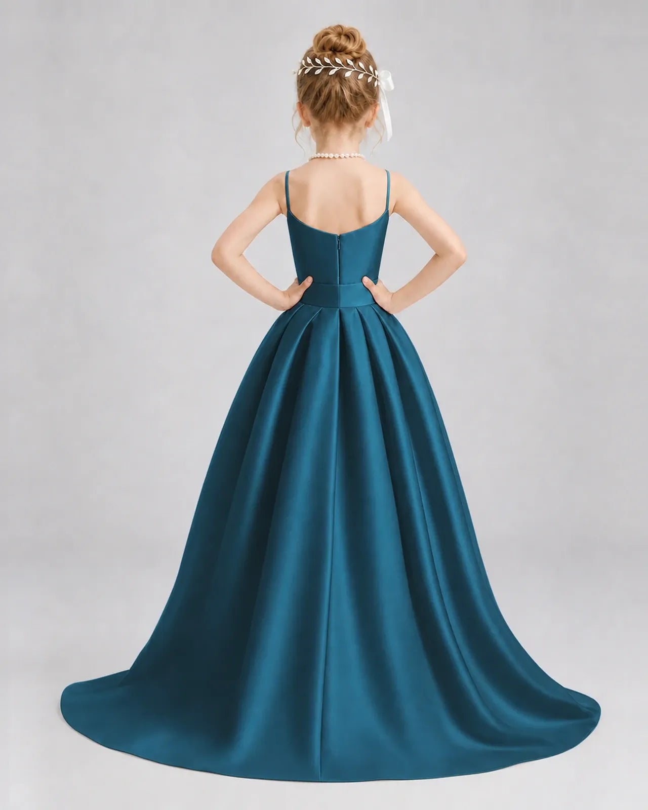 Teal Satin A-line Girls Formal Dress Back View