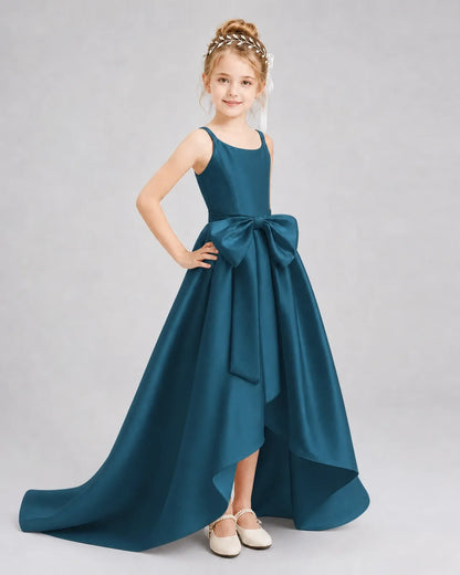 Teal Satin A-line Girls Formal Dress Front View