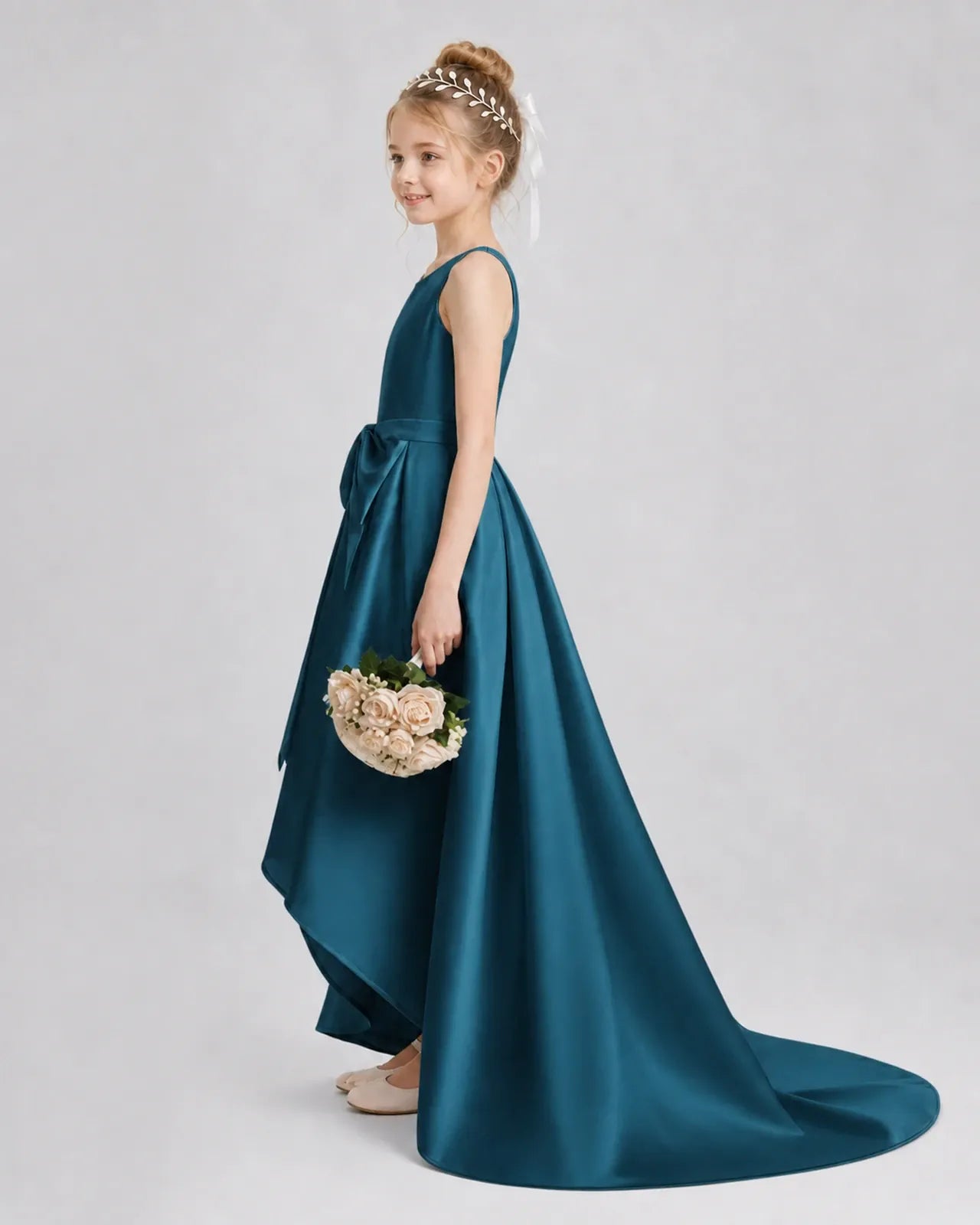 Teal Satin A-line Girls Formal Dress Side View