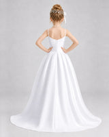 White Satin A-line Girls Formal Dress Back View